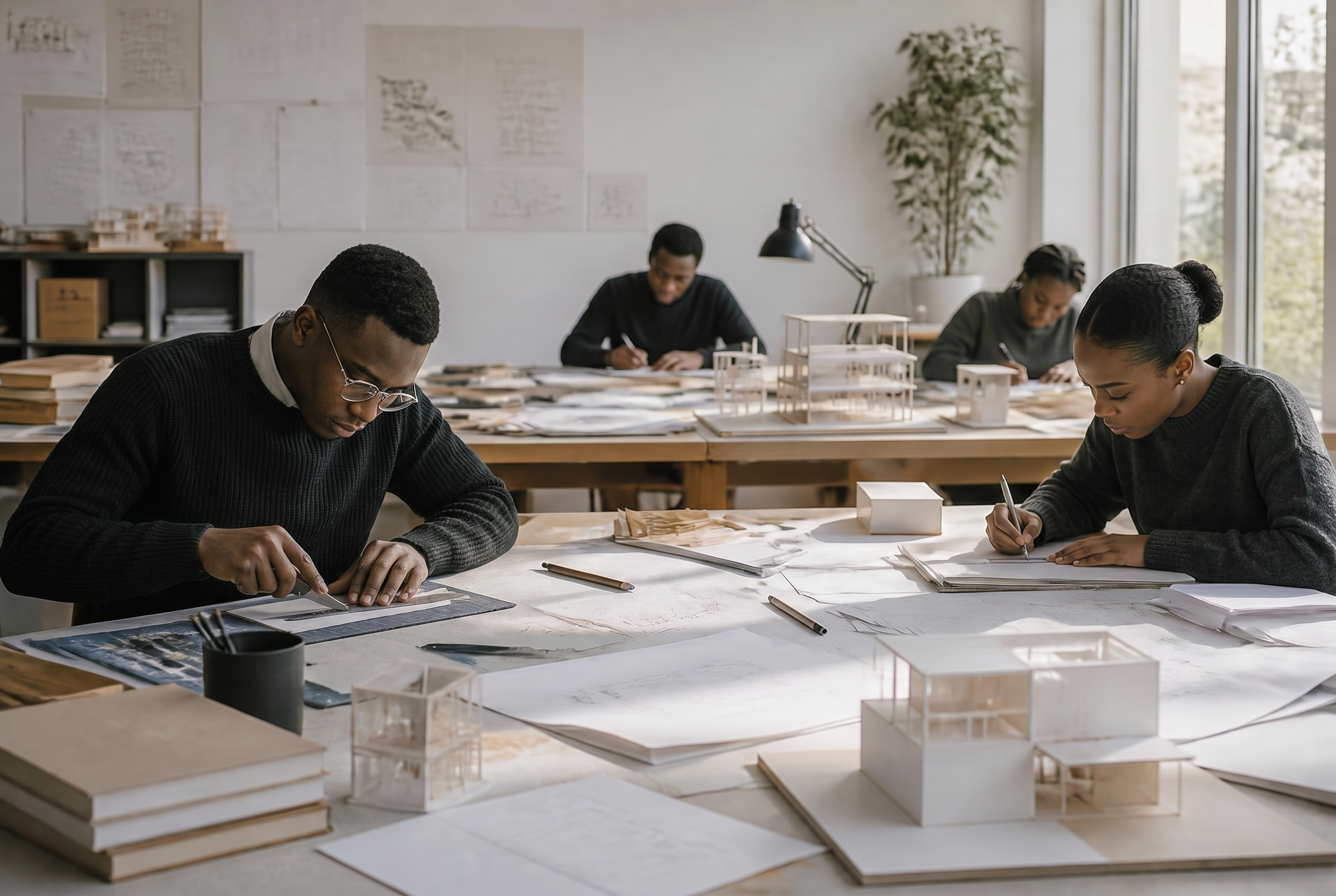 Architecture students building scale models